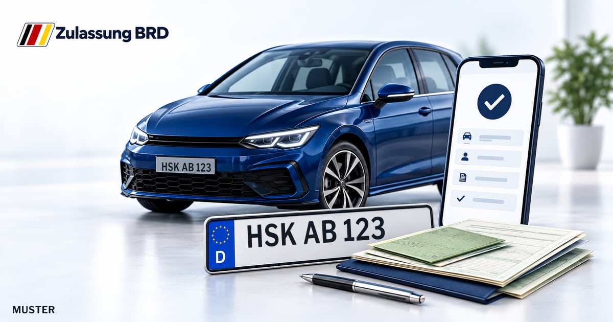 Online Fahrzeugzulassung in Olsberg: Musterkennzeichen HSK AB 123, Auto und Fahrzeugpapiere und Smartphone. Illustration mit Logo von Zulassung BRD.